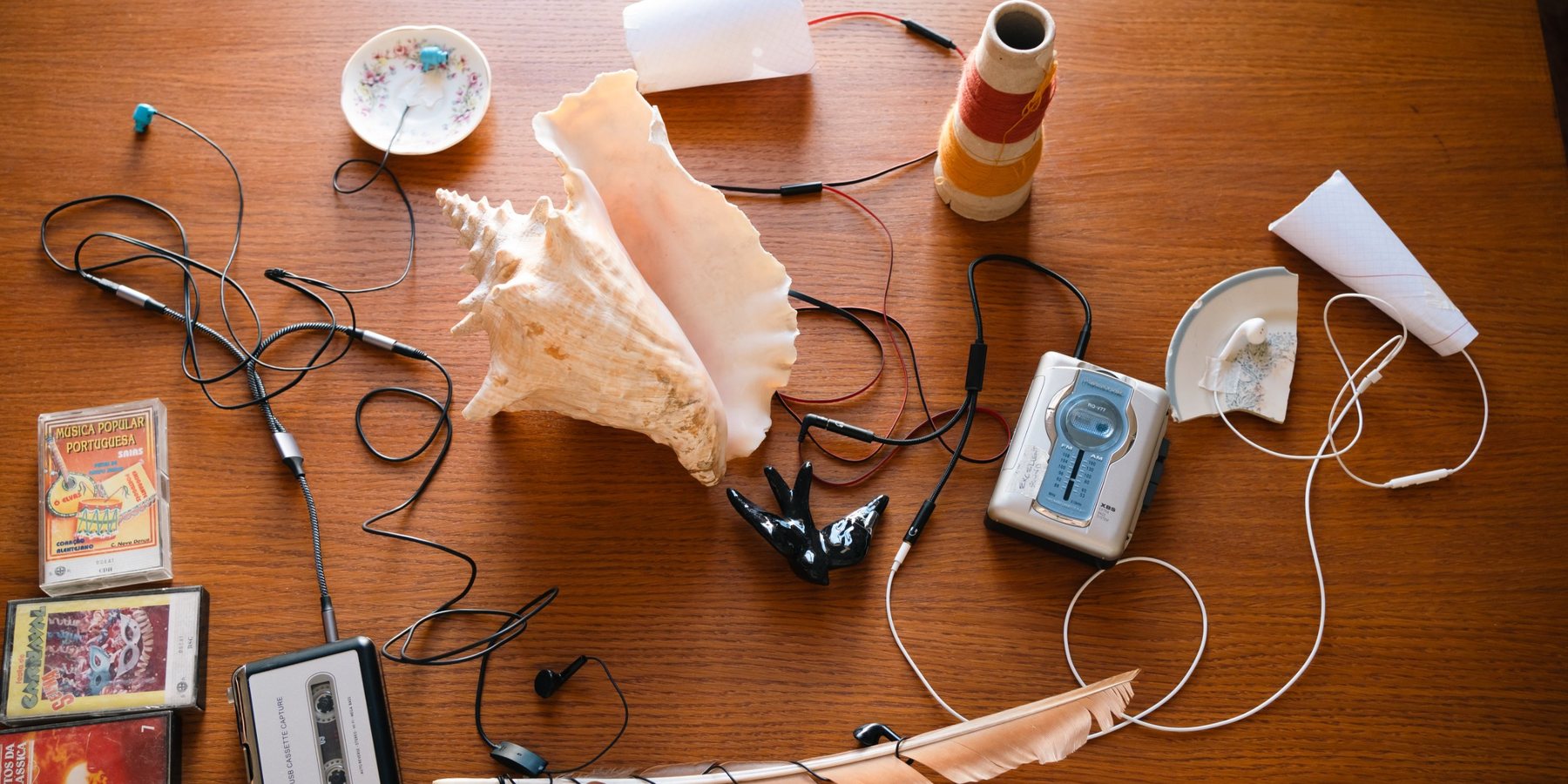 Table with cassettes, players and earphones